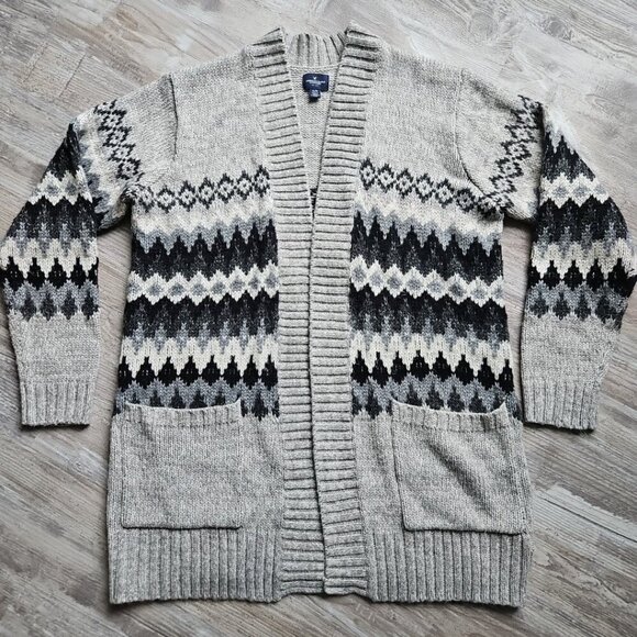 American Eagle Cardigan Sweater Women Open Front Aztec Chunky Pockets Long AEO - Picture 8 of 13